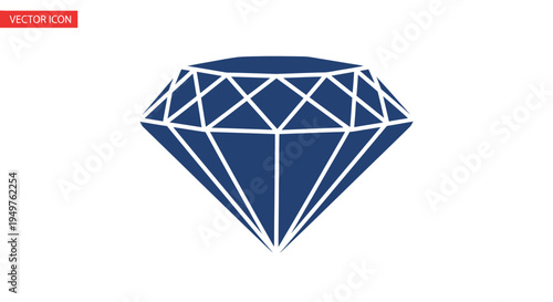 Blue Diamond Icon on White Background, Faceted Gemstone Vector Illustration