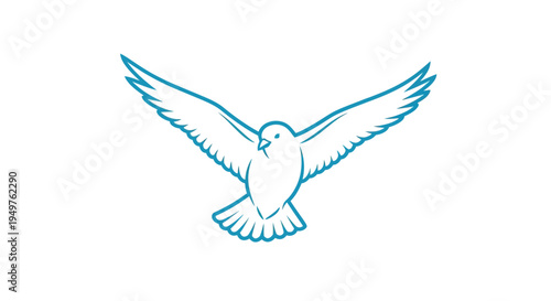 Blue Outline Dove Flying Open Wings Isolated White Background
