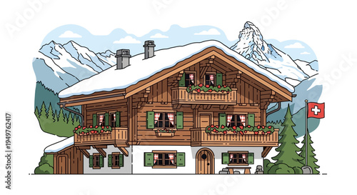 Charming Swiss Chalet in Snowy Alps, Traditional Architecture with Mountains and Flag