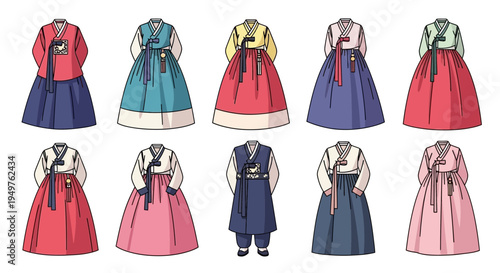 Collection of colorful Korean Hanbok dresses and men's traditional clothing