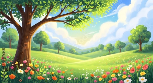 Wallpaper Mural Serene landscape with blooming flowers and lush greenery under a bright blue sky Torontodigital.ca