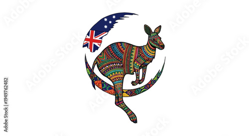 Colorful Kangaroo with Australian Flag Crescent Moon on White Background