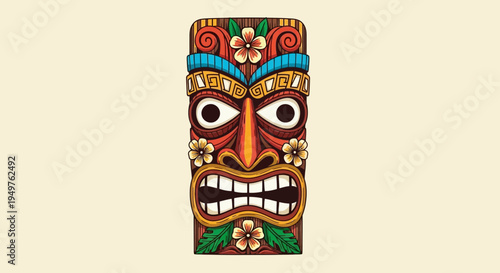 Colorful Tiki Mask with Flowers, Tribal Art, Exotica, Hawaii
