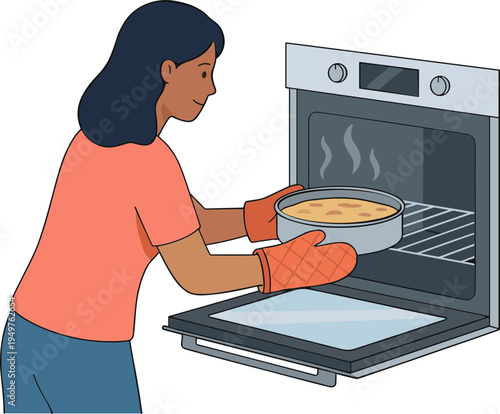 Woman placing a quiche in the oven to bake.