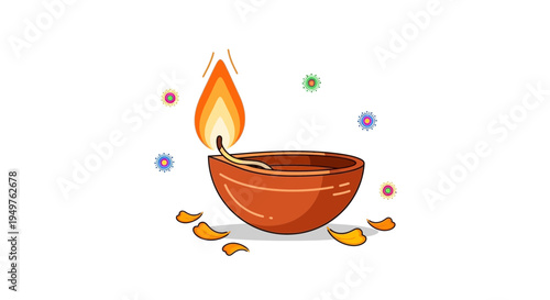Diwali Lamp Lit With Flame and Petals on White Background