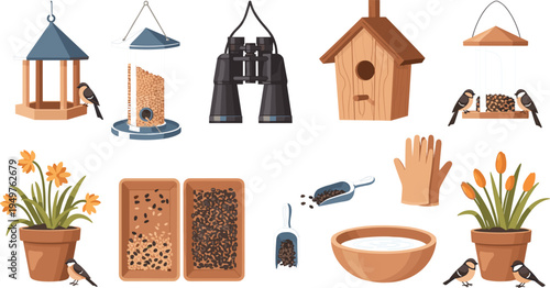 Bird Feeder and Gardening Set with Birdhouses, Binoculars, Seed Trays, Water Dish, and Flower Pots for Backyard Care