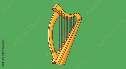 Golden Harp Stringed Instrument on Green Background