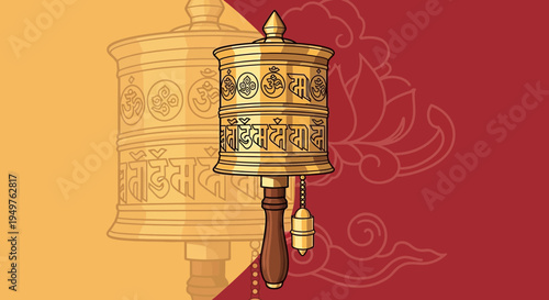 Golden Tibetan Prayer Wheel with Om Mani Padme Hum mantra, lotus and clouds