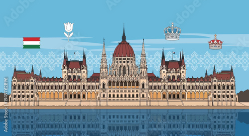 Hungarian Parliament Building Budapest Landmark, National Symbols, River Danube Reflection