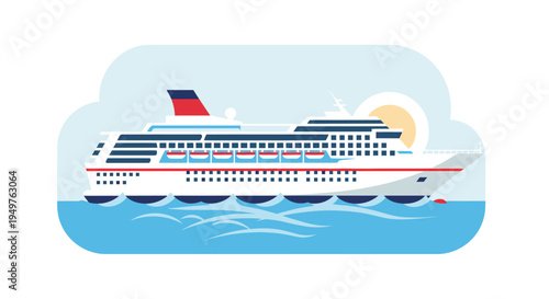 Modern Cruise Ship Sailing on Blue Ocean Under Sunny Sky