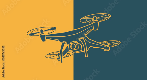 Modern Drone with Camera Flying - Yellow and Teal Split Background