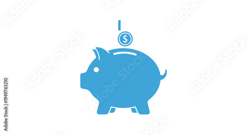 Piggy Bank Icon with Coin Falling, Blue Silhouette, Savings Concept