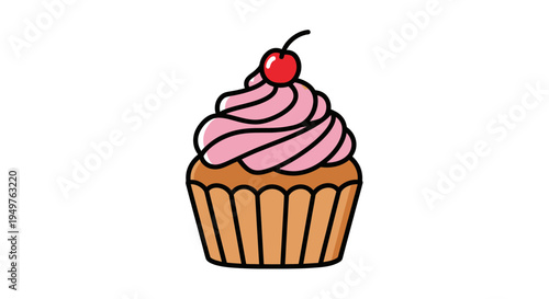 Pink Frosted Cupcake with Cherry on Top - Vector Illustration