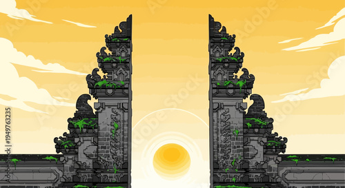 Pixel Art Balinese Temple Gate at Sunrise