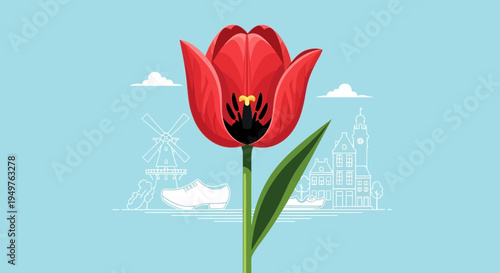 Red Tulip Flower Illustration with Dutch Village Scenery and Windmill