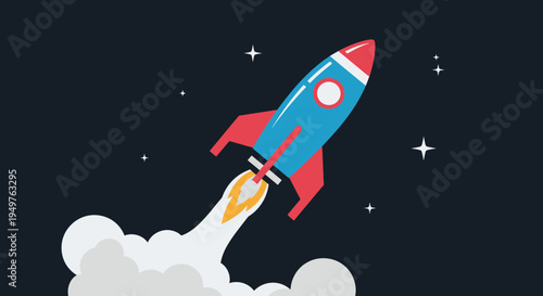 Rocket Launching into Space, Ignition and Smoke Trail, Stars Background