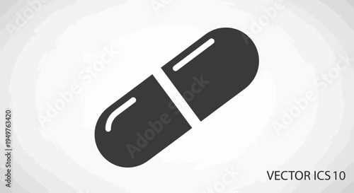 Single Dark Gray Pill Icon on White Background, Medicine Capsule Symbol
