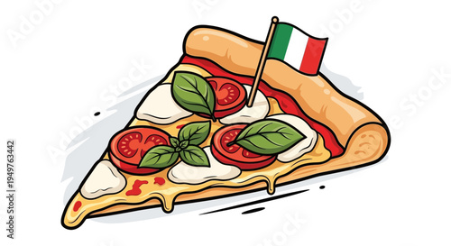 Slice of Italian Pizza Margherita with Basil and Flag - Vector Illustration
