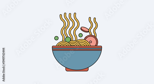 Steaming Bowl of Noodles with Peas and Meat - Flat Design Icon