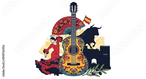 Spanish Culture Collage: Flamenco Dancer, Guitar, Bull, Castle, and Flag