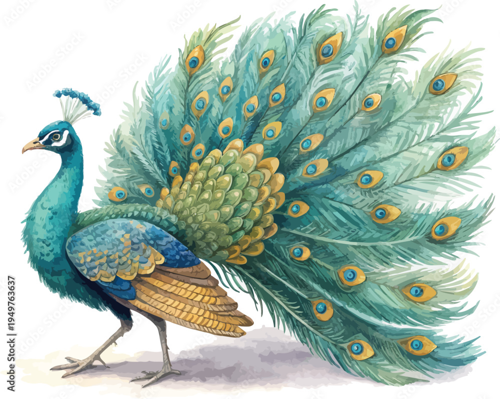 Fototapeta premium Hand-Painted Peacock Watercolor, Elegant Tropical Bird Clipart, Isolated Vector Illustration