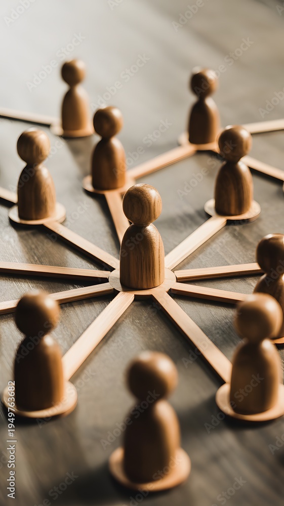 Obraz premium Wooden Figures Connected With Lines Representing Teamwork Leadership And Social Network Concept