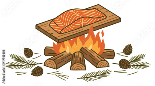 Grilling salmon fillet on wooden plank over campfire outdoors