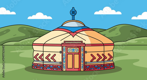 Traditional Mongolian Yurt or Ger in a Green Landscape with Blue Sky