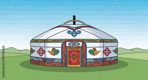 Traditional Mongolian Yurt Dwelling with Ornate Decorations on Green Grass Field