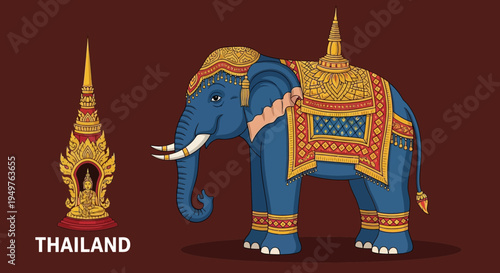 Traditional Thai Elephant and Pagoda Illustration - Culture and Travel