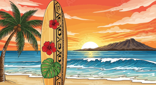 Tropical Beach Sunset with Surfboard, Palm Tree, and Volcano