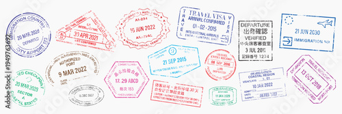 Colorful passport stamp collection vector elements