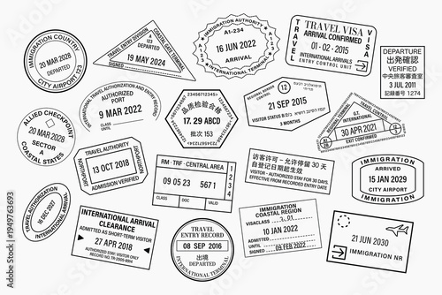 Travel visa stamps collection illustration vector elements