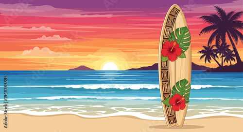 Tropical Sunset Beach with Surfboard, Palm Trees, and Hibiscus Flowers