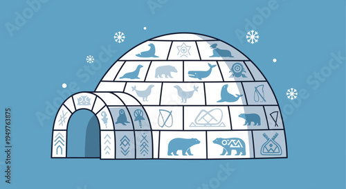 Arctic Igloo Illustration with Inuit Symbols and Wildlife