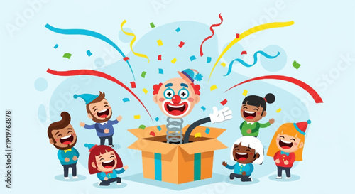 Happy children celebrating birthday with colorful confetti and gift joyful kids party scene with presents