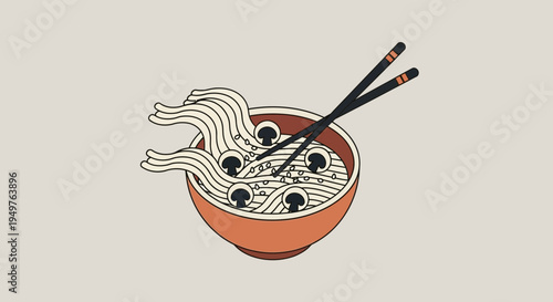 Asian Noodle Soup Bowl with Mushrooms and Chopsticks - Illustration