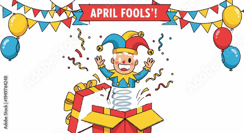 Jester emerges from colorful gift box with confetti and balloons on april fools' day