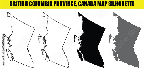 British columbia province canada map silhouette collection with distinct variations including stroke weight and dot matrix