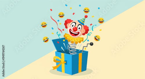 Smiling clown emerging from a blue gift box with confetti and balloons on a pastel background symbolizing surprise and joy