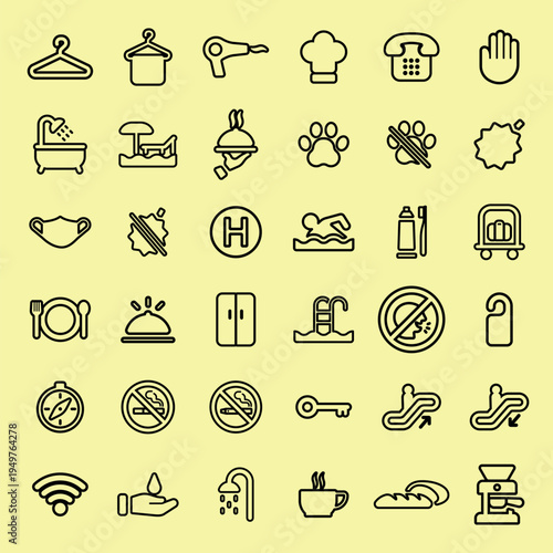 Icon set with symbols for hospitality, food, and travel. Includes icons for hotel, restaurant, and travel services. Simple line art for easy recognition. User interface icon vector set.