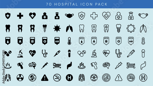 Hospital icon pack with 70 medical icons. Includes lungs, teeth, blood types, and masks. Medical icons for hospitals, clinics, and healthcare design. User interface icon vector set.