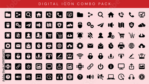Digital icon combo pack with various icons for web, communication, and technology. Icons include shopping, email, and security. Versatile digital icon set. User interface icon vector set.