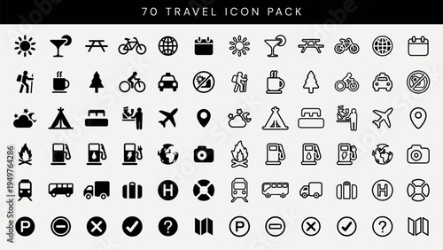 Travel icon pack with 70 icons. Includes travel symbols like planes, cars, and bikes. Perfect for travel-themed projects. Travel icons for easy use. User interface icon vector set.