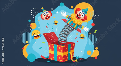 Colorful clown emerging from a gift box with confetti and balloons on dark background