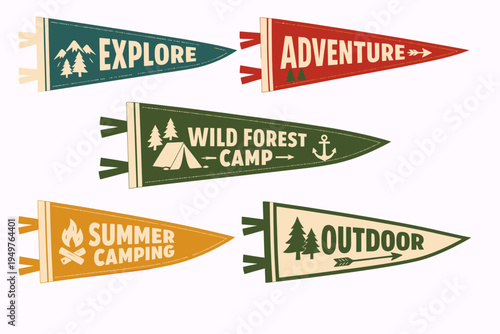 Vintage pennant flags with outdoor and camping themes, including explore, adventure, wild forest camp, summer camping, and outdoor designs.
