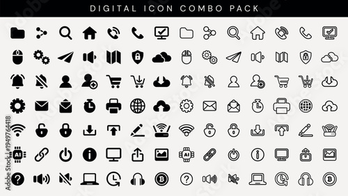 Digital icon combo pack with various symbols: phone, home, email, and more. Perfect for digital design, web design, and app design projects. User interface icon vector set.