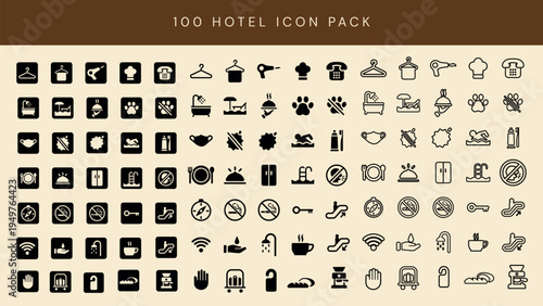 Hotel icon pack with 100 icons. Includes amenities, services, and facilities. Perfect for hotel branding, hotel signage, and hotel marketing materials. User interface icon vector set.