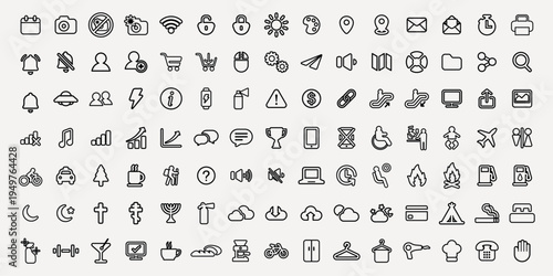 Set of 100 minimalist line icons. Icons include shopping, communication, weather, and travel. Simple, clean design. Perfect for web and app design. User interface icon vector set.