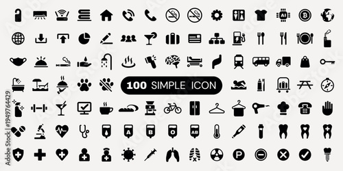 Set of 100 simple icons in black and white. Includes symbols for health, transportation, food, and communication. Minimalist and versatile icon set. User interface icon vector set.